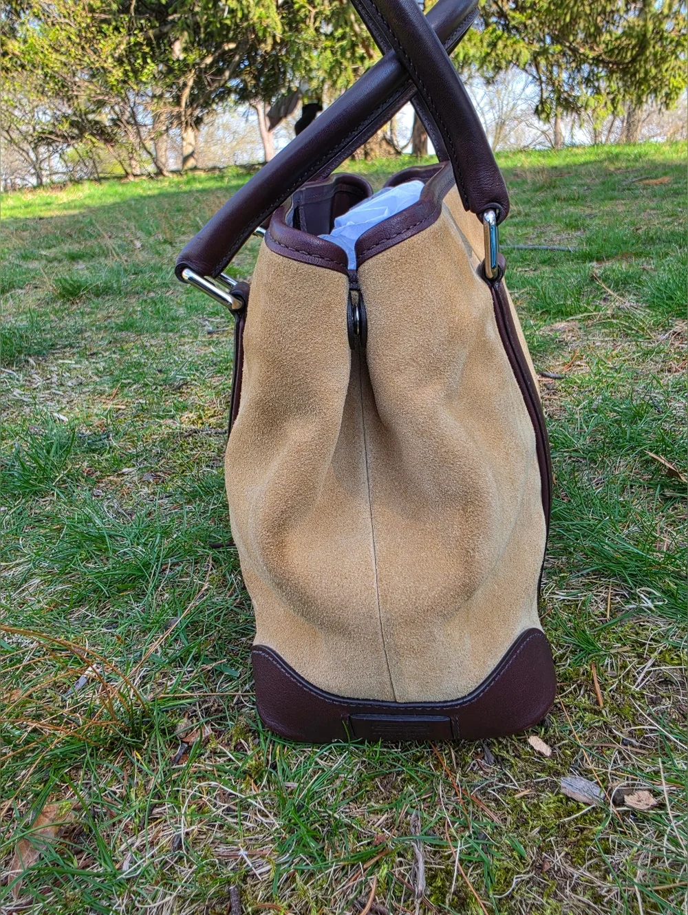 Coach Hampton Beige Tan Suade & Brown Leather Medium Carryall Tote Bag Satchel